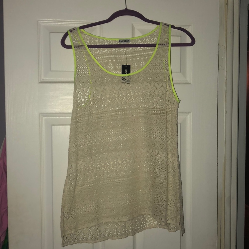Bone tank top with lime green piping.